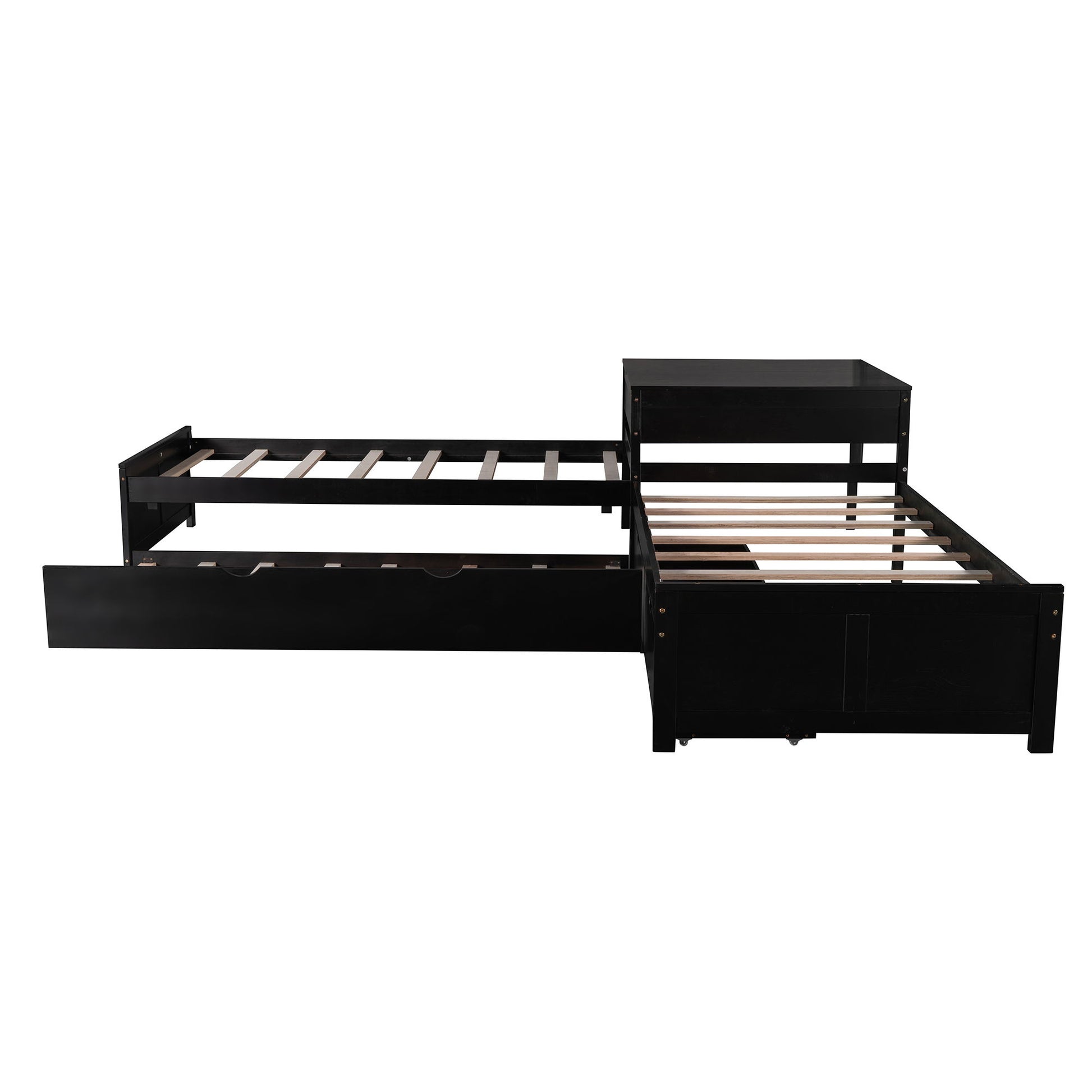 L Shaped Platform Bed With Trundle And Drawers Linked With Built In Desk - The Sleep Loft - Online Mattress Showroom NYC