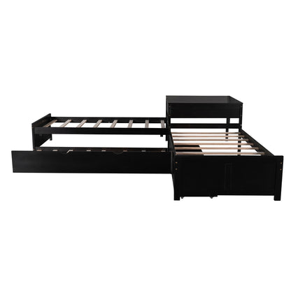 L Shaped Platform Bed With Trundle And Drawers Linked With Built In Desk - The Sleep Loft - Online Mattress Showroom NYC