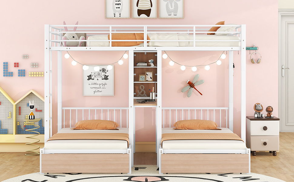 Triple Bunk Bed With Drawers, Multi-Functional Frame With Desks And Shelves In The Middle - The Sleep Loft - Online Mattress Showroom NYC