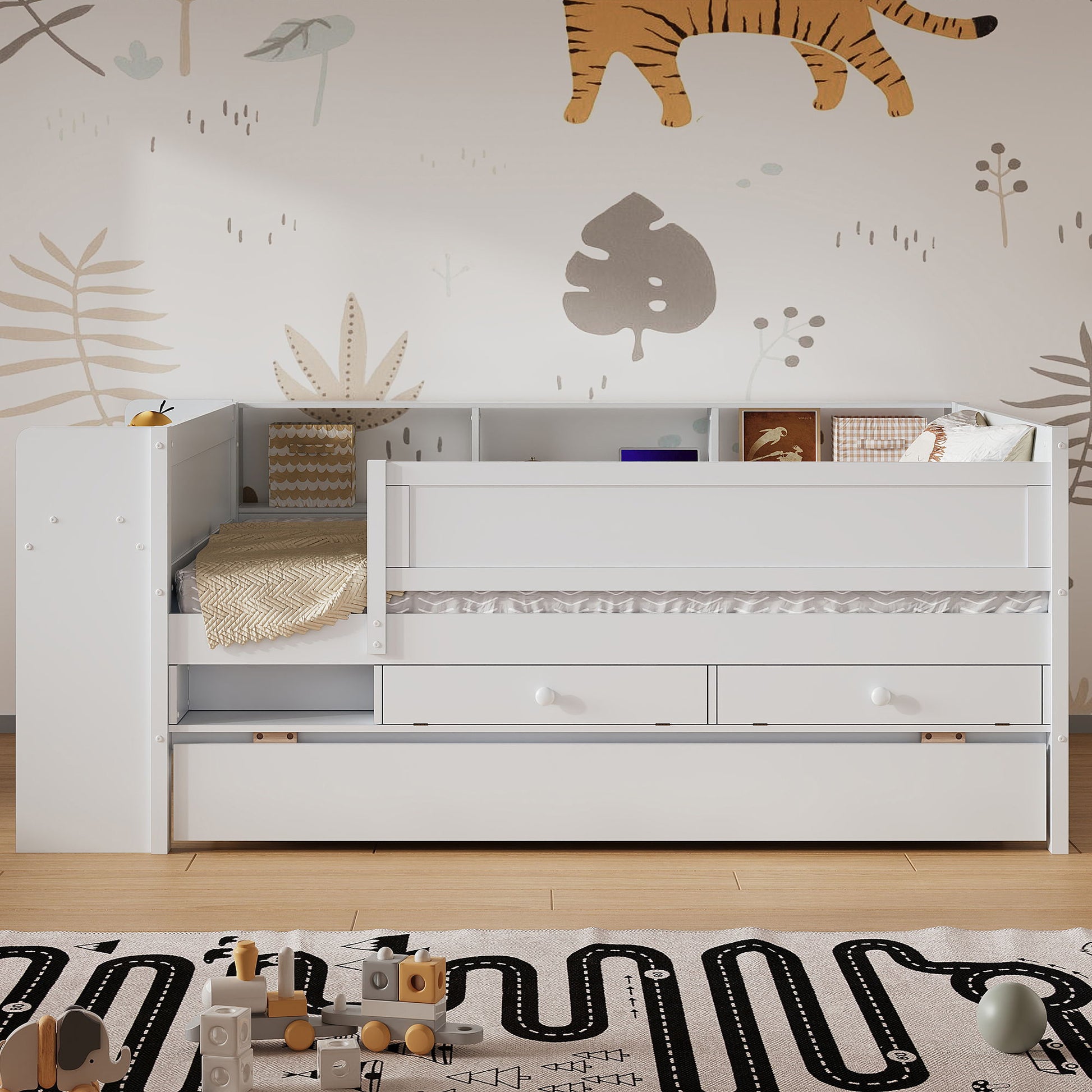 Twin Daybed With Drawers, Trundle, Headboard Storage, Study Desk, And USB Charging Station - White - The Sleep Loft - Online Mattress Showroom NYC