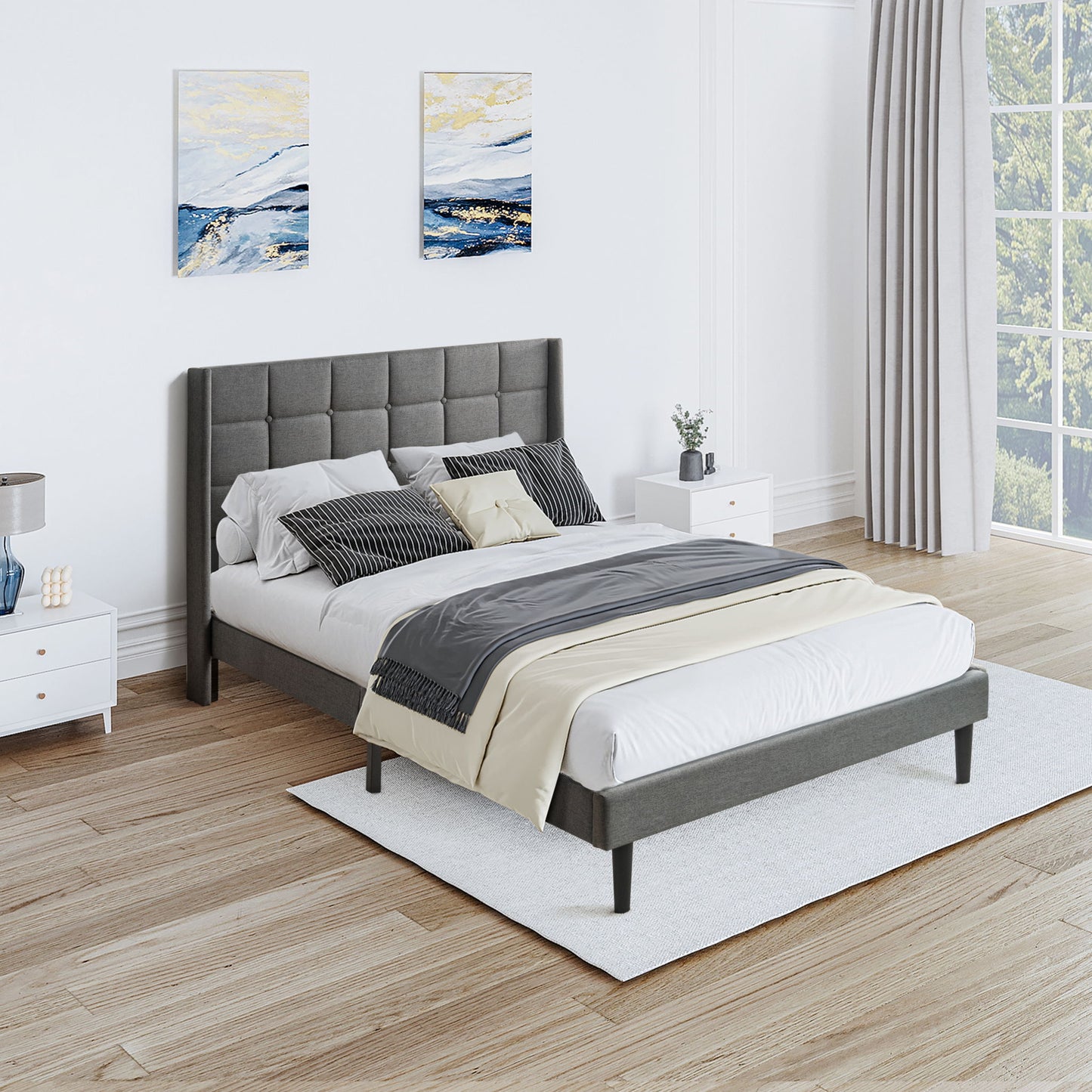 Queen Size Upholstered Platform Bed Frame With Button Tufted Linen Fabric Headboard - Dark Gray - The Sleep Loft - Online Mattress Showroom NYC