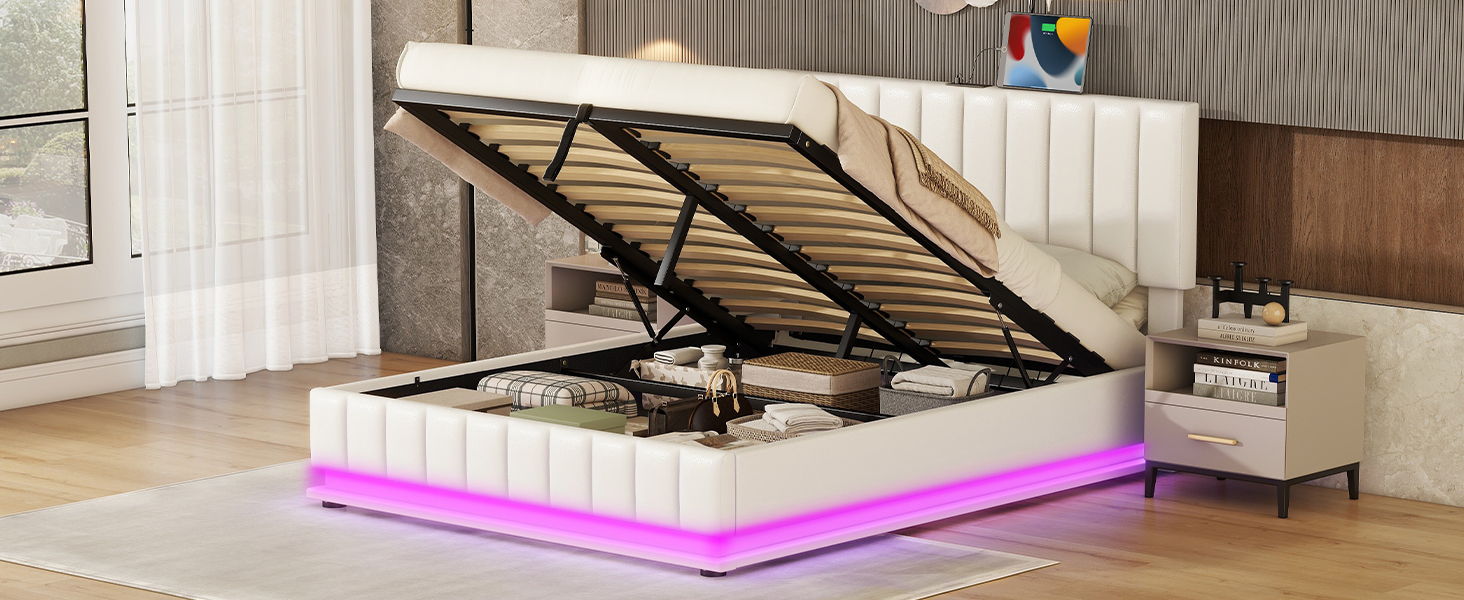 Upholstered Bed With Hydraulic Storage System And LED Light, With Sockets And USB Ports - The Sleep Loft - Online Mattress Showroom NYC