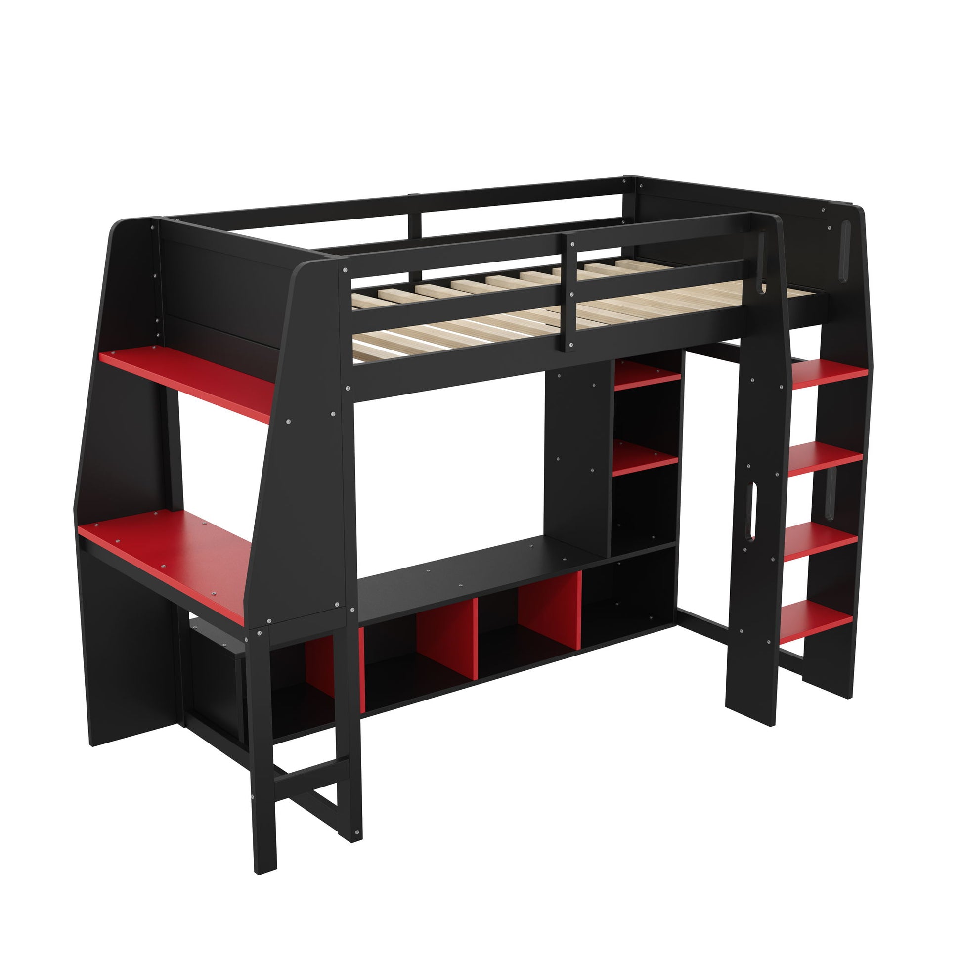 Gaming Loft Bed With Desk, Multi Storage Shelves, LED Lighting, And Hanging Clothes Rack - The Sleep Loft - Online Mattress Showroom NYC