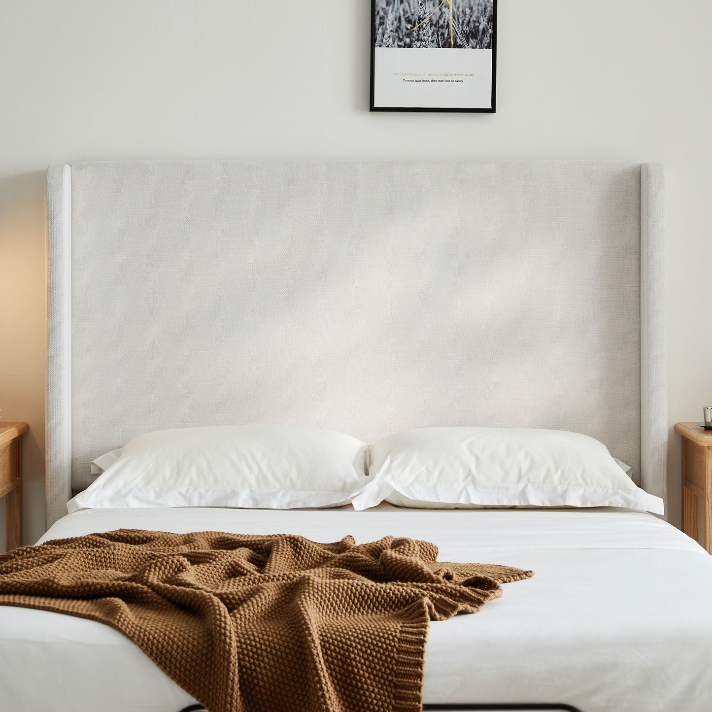 Caron - Queen Size Upholstered Wingback Bed With Adjustable Base Bundle Set - Ivory - The Sleep Loft - Online Mattress Showroom NYC