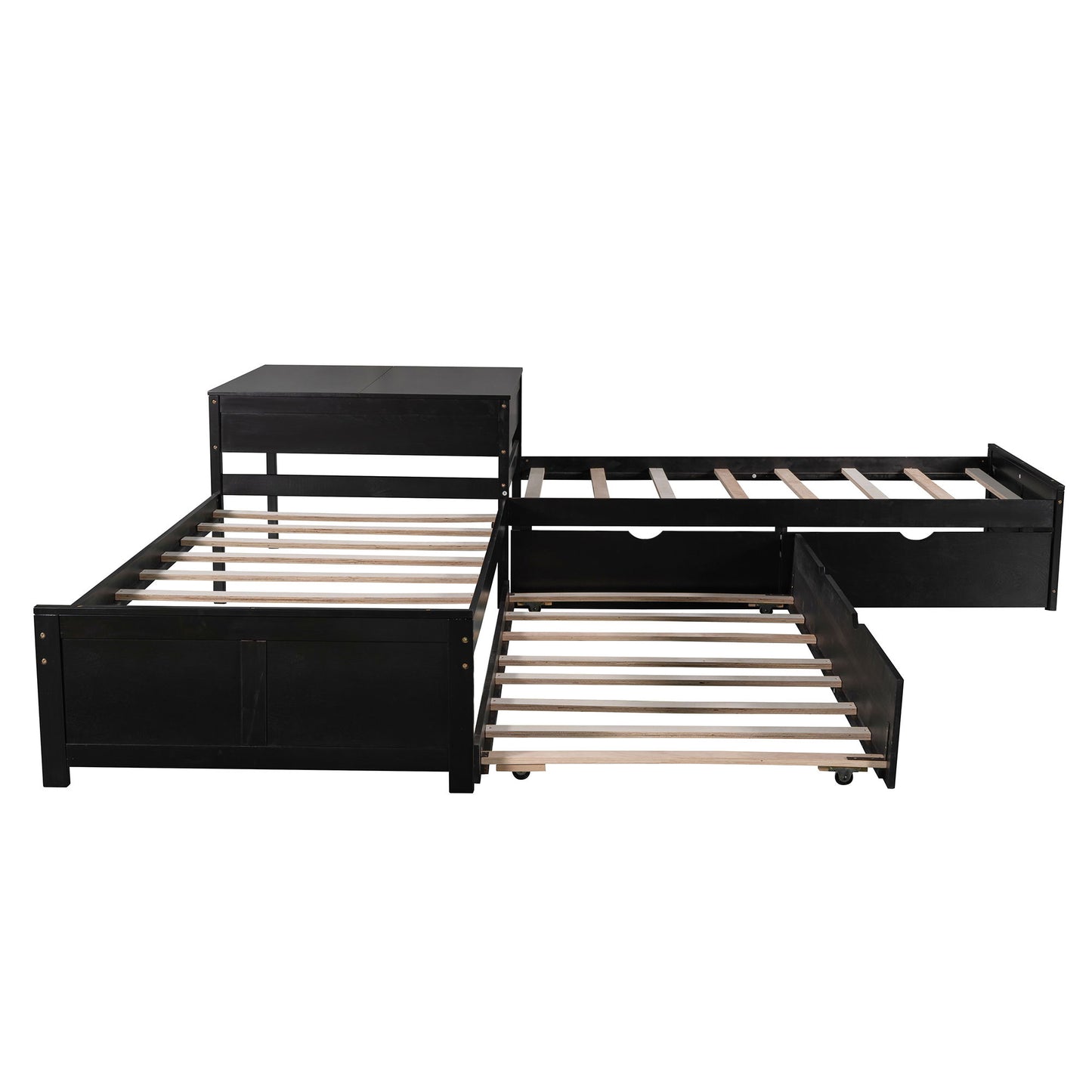 L Shaped Platform Bed With Trundle And Drawers Linked With Built In Desk - The Sleep Loft - Online Mattress Showroom NYC