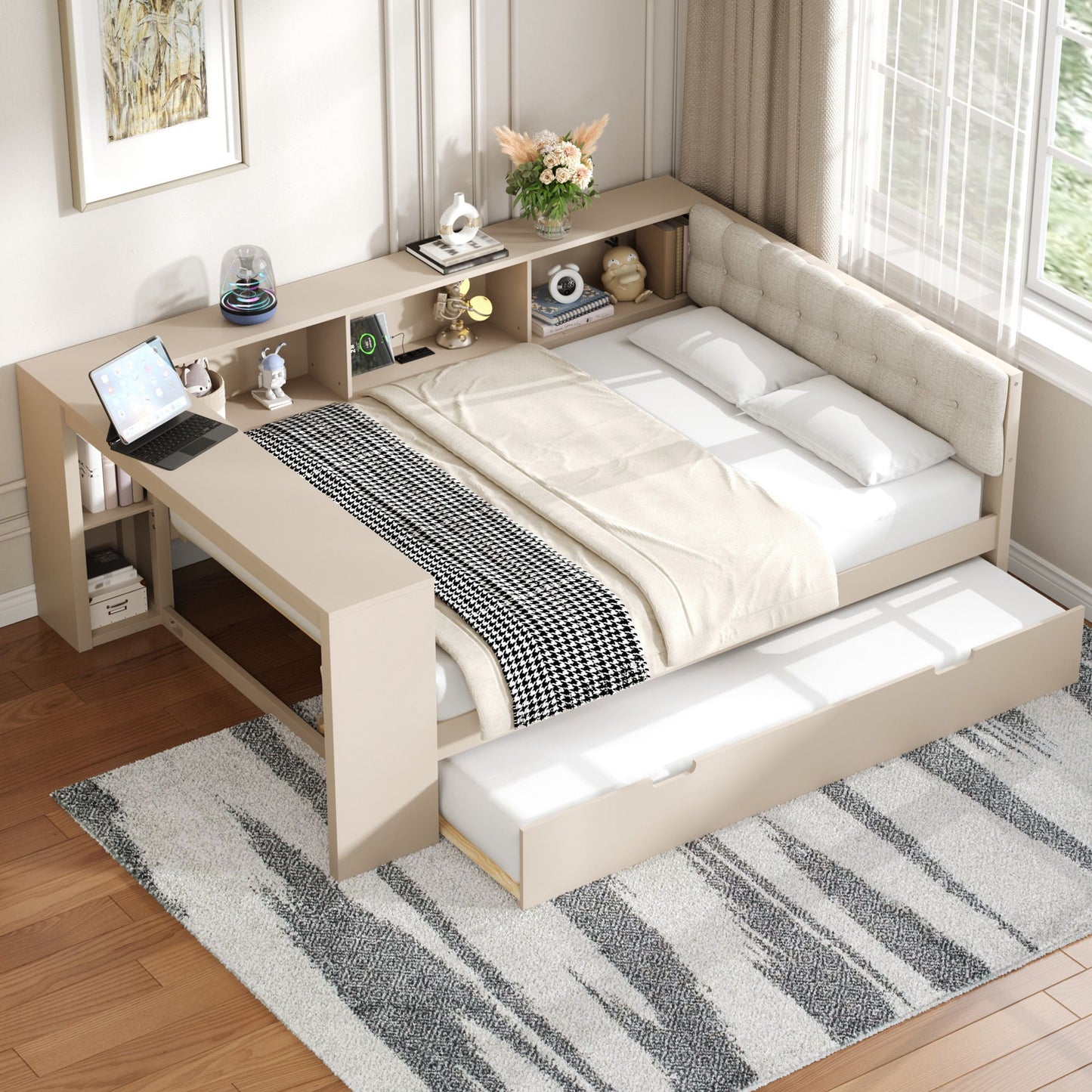 Upholstered Headboard Platform Bed With Storage Shelves, Trundle, Charging Station - The Sleep Loft - Online Mattress Showroom NYC