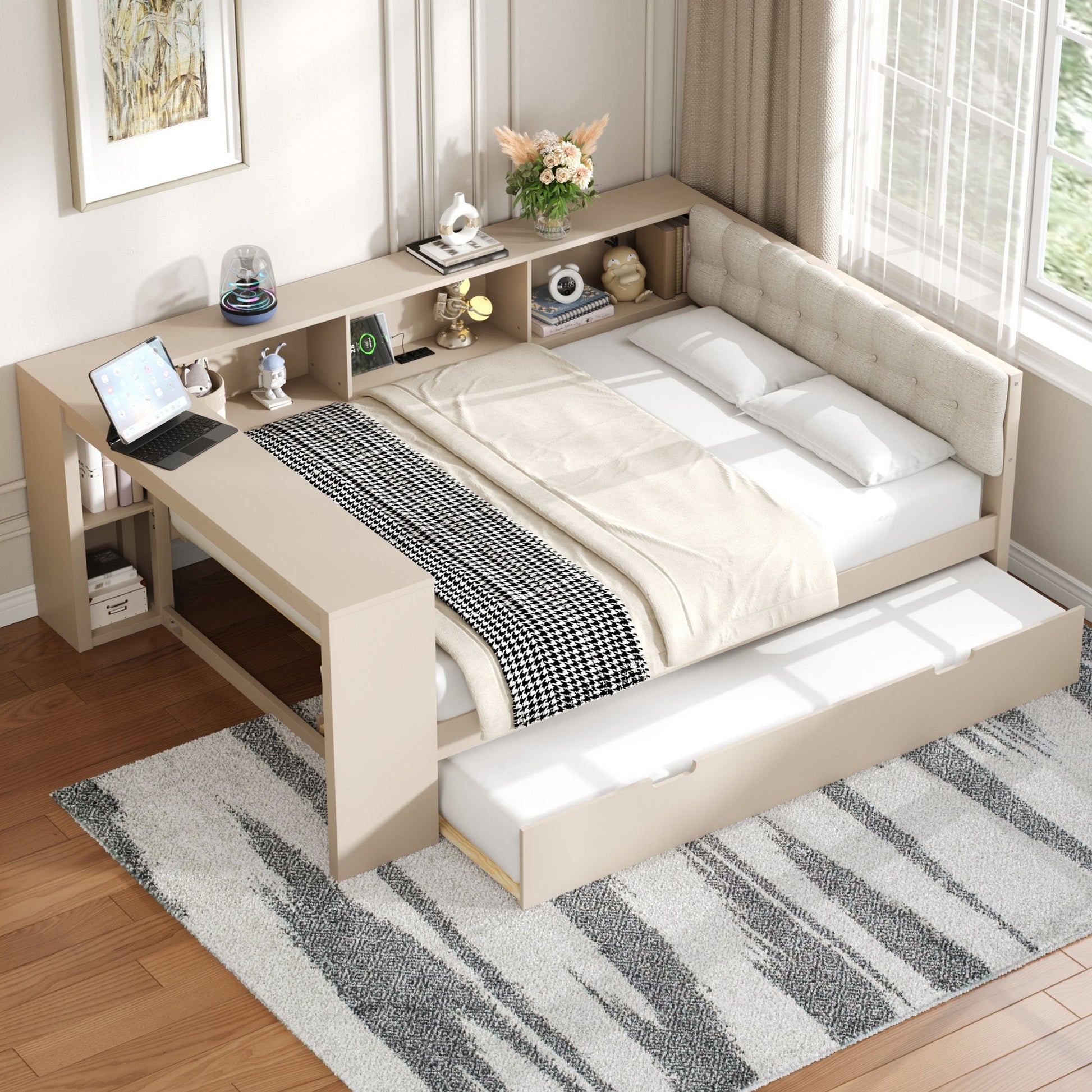 Upholstered Headboard Platform Bed With Storage Shelves, Trundle, Charging Station - The Sleep Loft - Online Mattress Showroom NYC