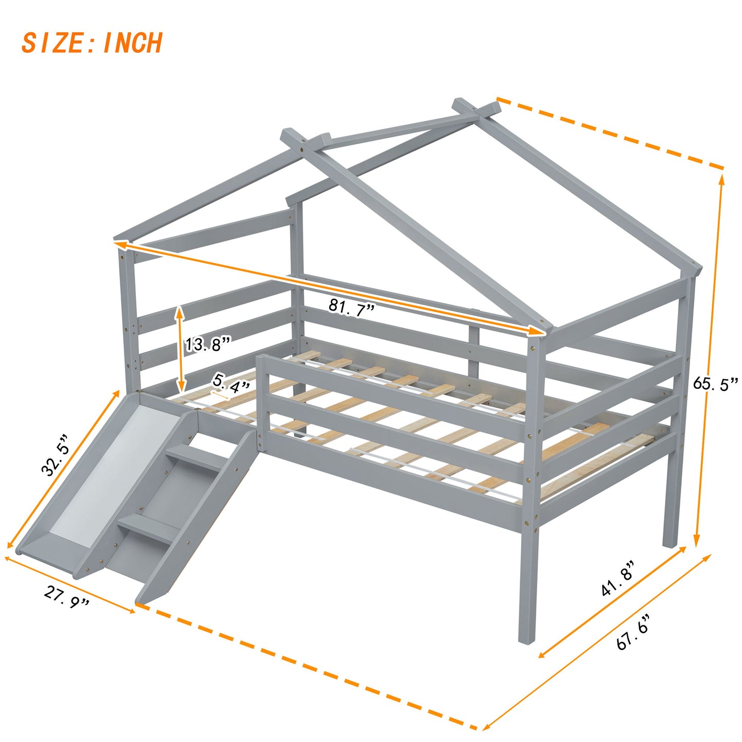 Low Loft House Bed With Slide, Ladder, Safety Guardrails, House Roof Frame - The Sleep Loft - Online Mattress Showroom NYC