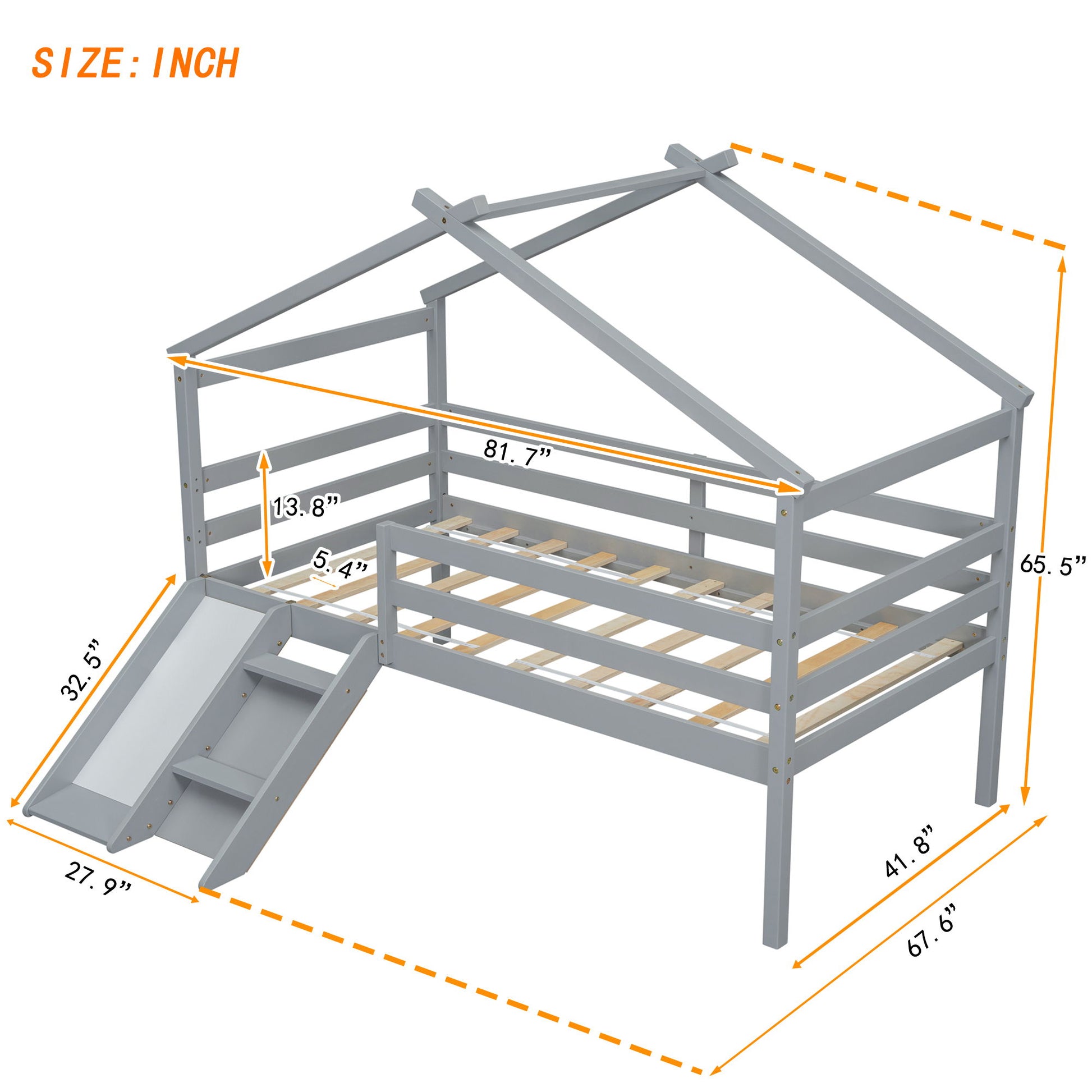 Low Loft House Bed With Slide, Ladder, Safety Guardrails, House Roof Frame - The Sleep Loft - Online Mattress Showroom NYC