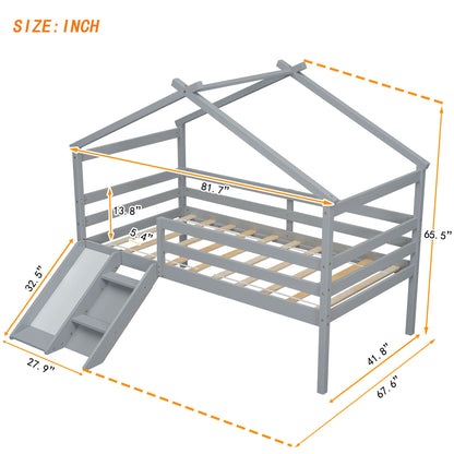 Low Loft House Bed With Slide, Ladder, Safety Guardrails, House Roof Frame - The Sleep Loft - Online Mattress Showroom NYC