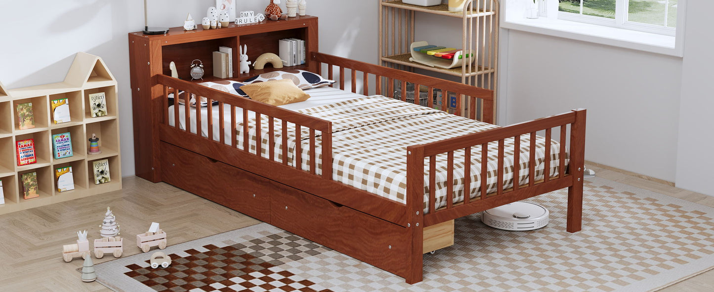 Bed With Headboard Storage Rack, 2 Under Bed Drawers, 3 Side Guardrails For Safety - The Sleep Loft - Online Mattress Showroom NYC