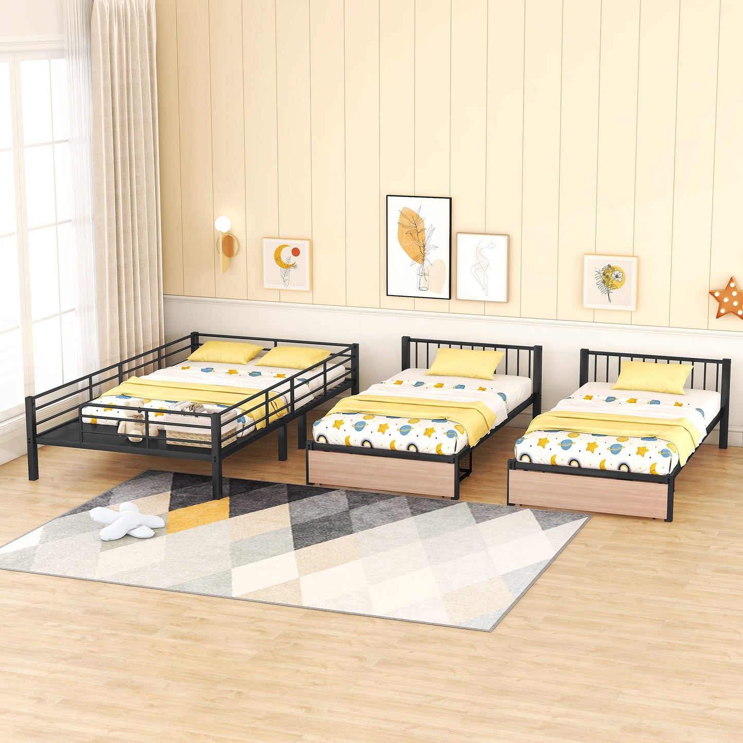 Triple Bunk Bed With Drawers, Multi-Functional Frame With Desks And Shelves In The Middle - The Sleep Loft - Online Mattress Showroom NYC