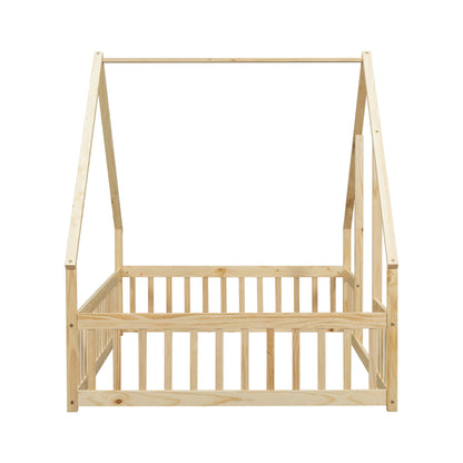Wood House-Shaped Floor Bed With Fence, Guardrails - The Sleep Loft - Online Mattress Showroom NYC