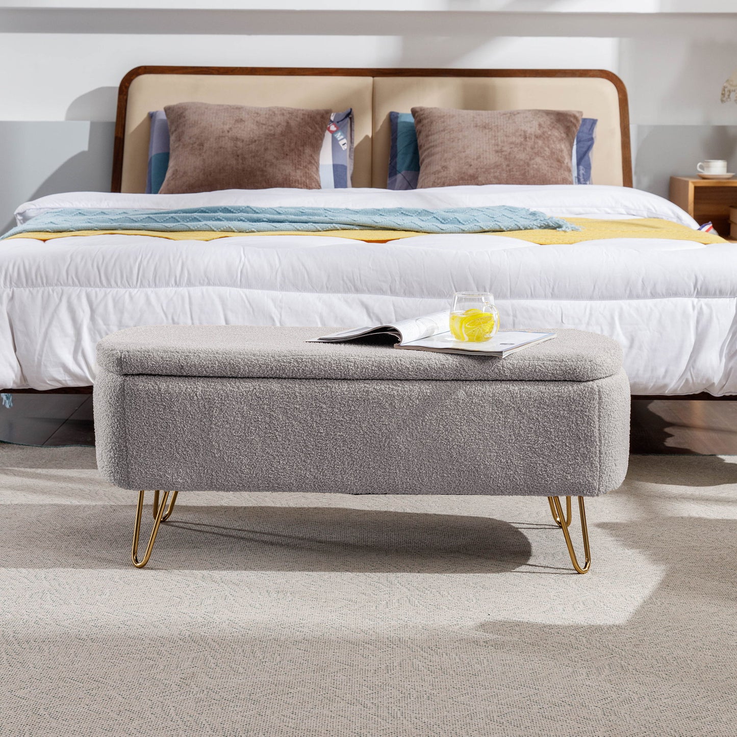 Storage Ottoman Bench For End Of Bed Legs, Modern Camel Faux Fur Entryway Bench Upholstered Padded With Storage For Living Room Bedroom - The Sleep Loft - Online Mattress Showroom NYC
