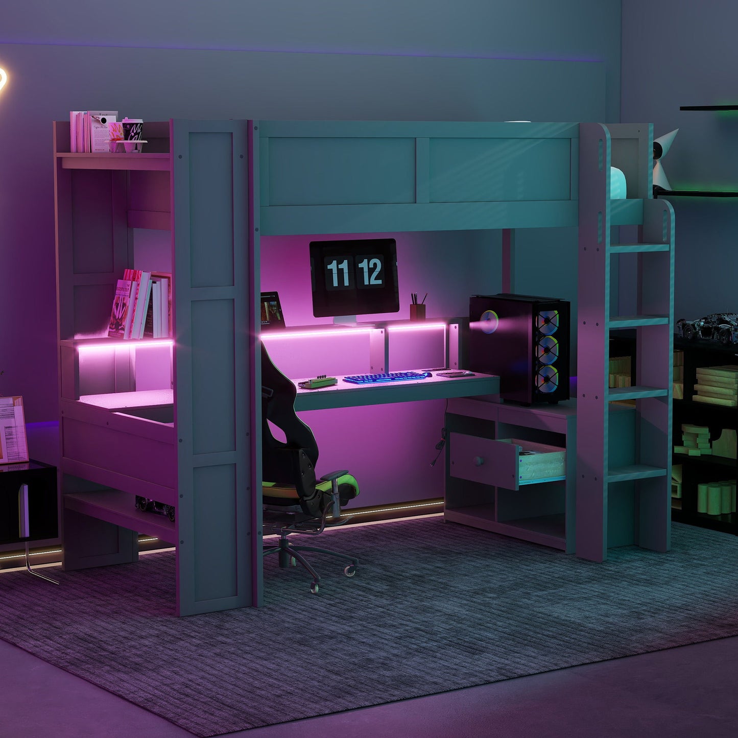 Gaming Loft Bed With Desk, Multi Storage Shelves, LED And Charging Station - The Sleep Loft - Online Mattress Showroom NYC