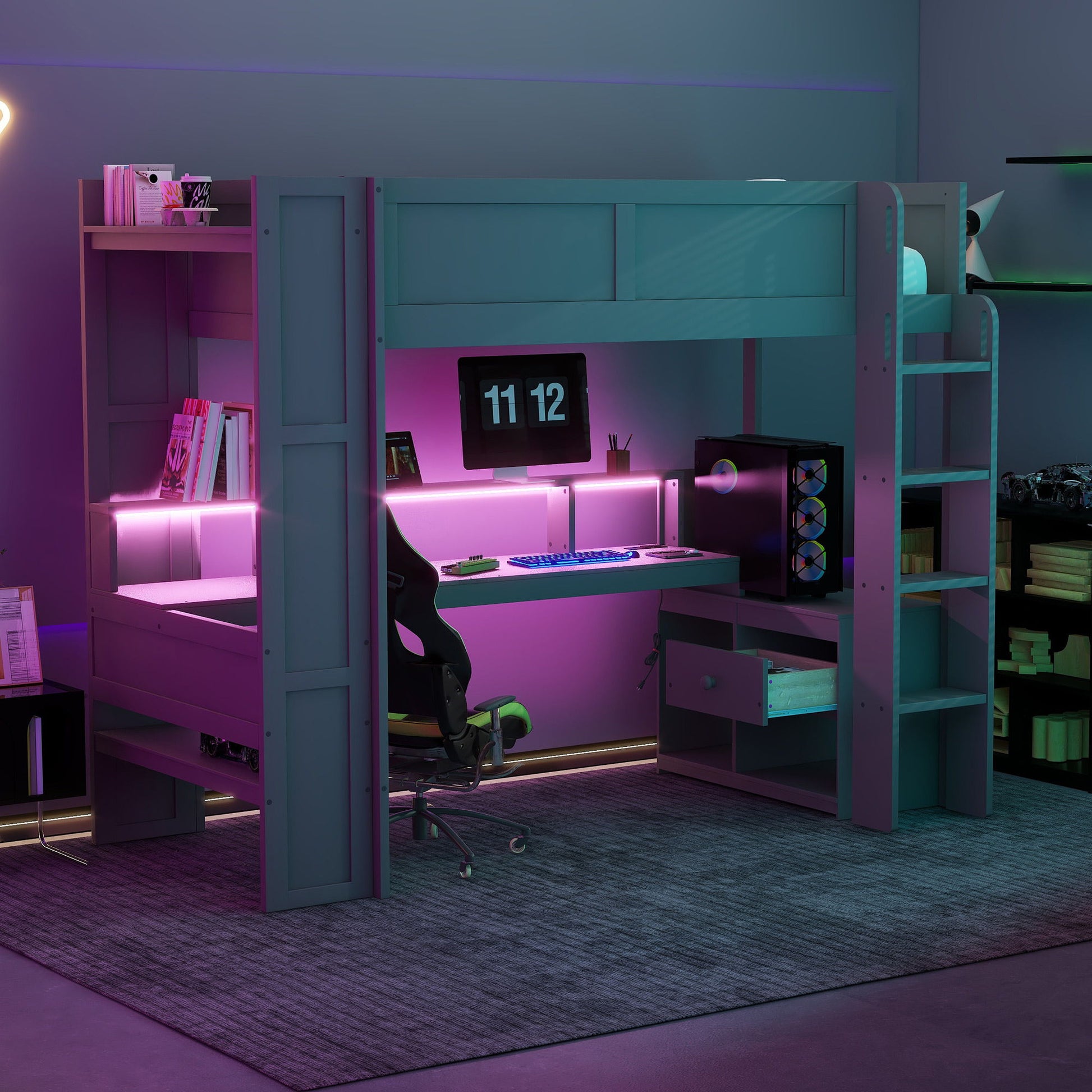 Gaming Loft Bed With Desk, Multi Storage Shelves, LED And Charging Station - The Sleep Loft - Online Mattress Showroom NYC