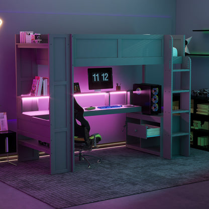 Gaming Loft Bed With Desk, Multi Storage Shelves, LED And Charging Station - The Sleep Loft - Online Mattress Showroom NYC