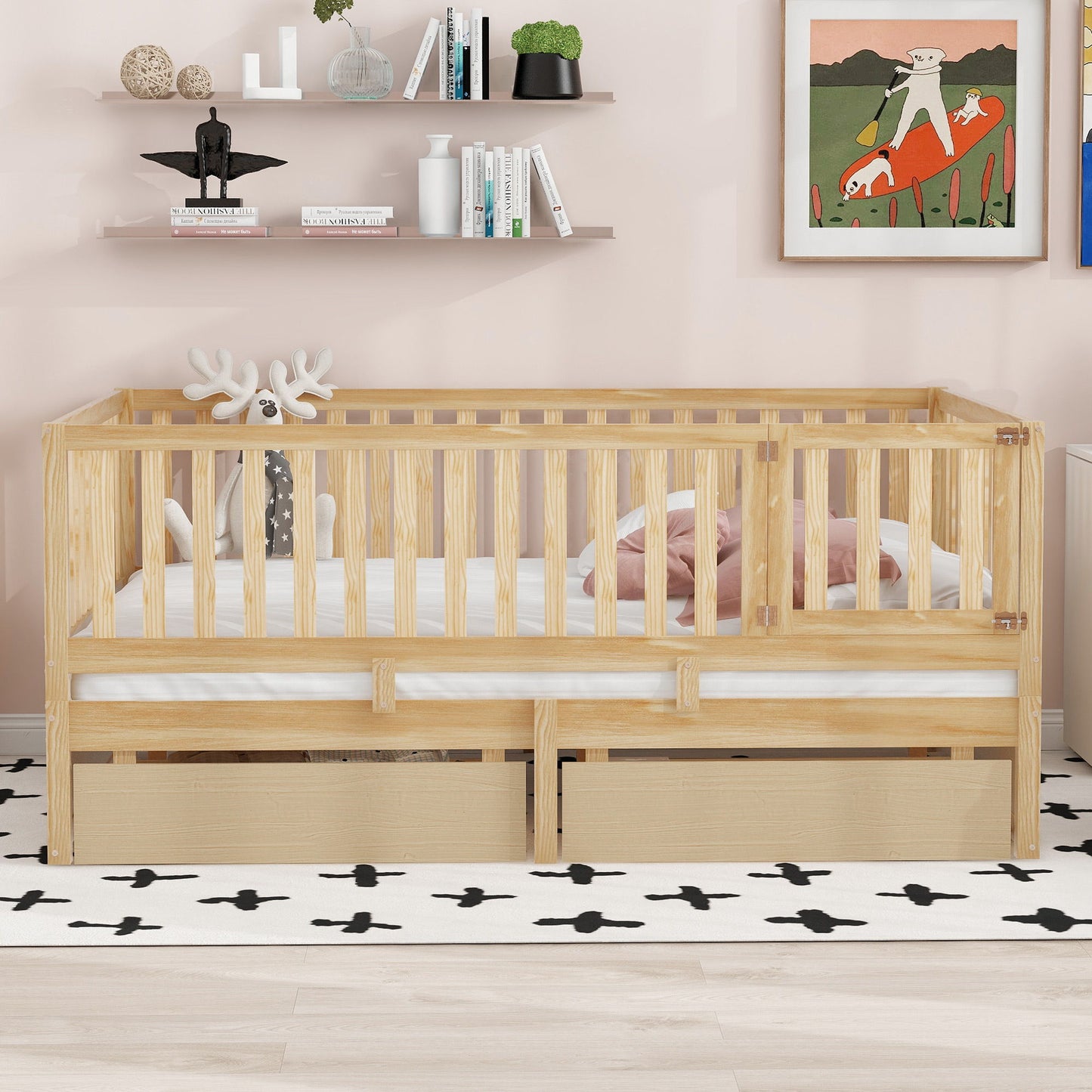 Daybed With Fence Guardrails And 2 Drawers, Split Into Independent Floor Bed & Daybed - The Sleep Loft - Online Mattress Showroom NYC