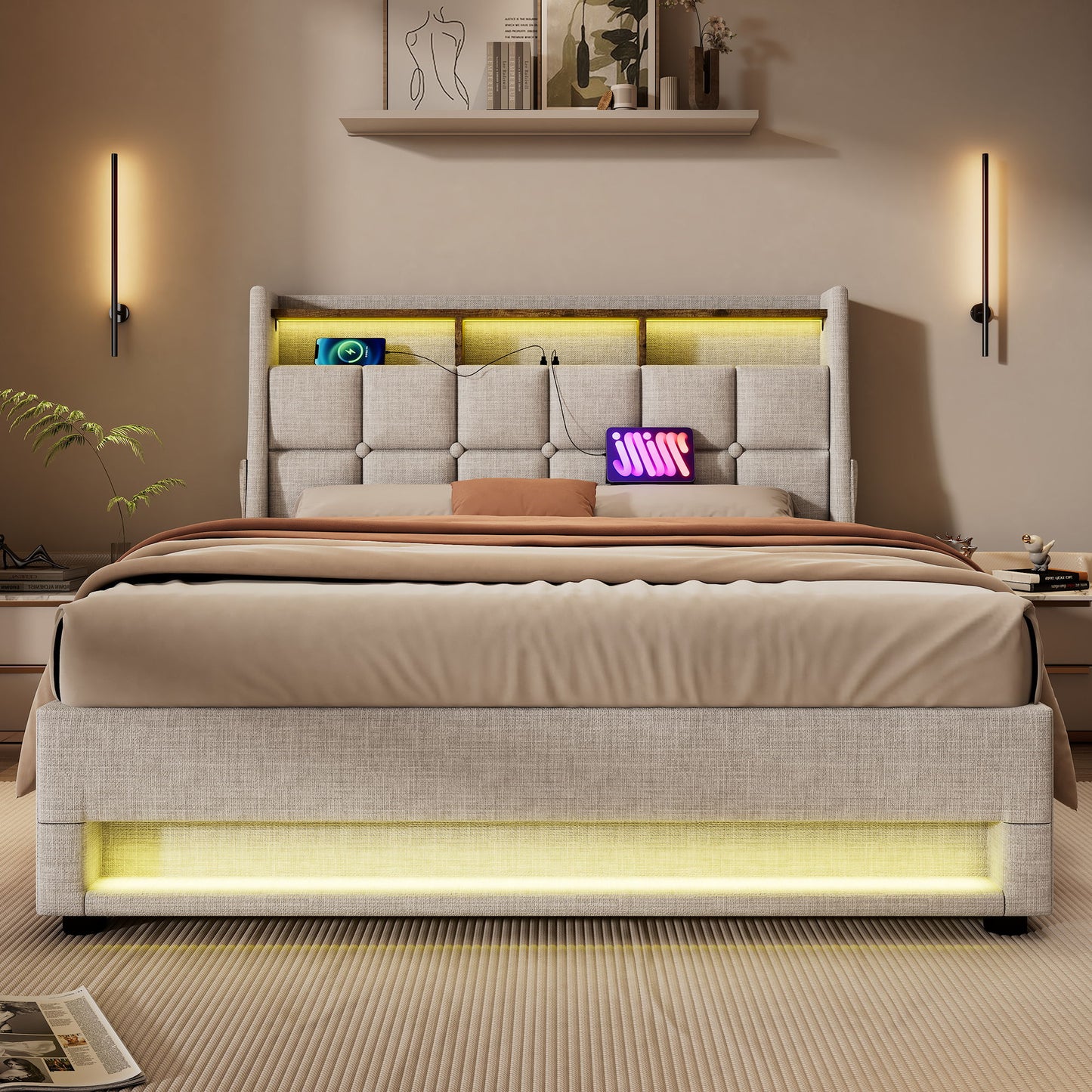 Upholstered Platform Bed With A Hydraulic Storage System, LED And USB Charging (Without Mattress) - The Sleep Loft - Online Mattress Showroom NYC