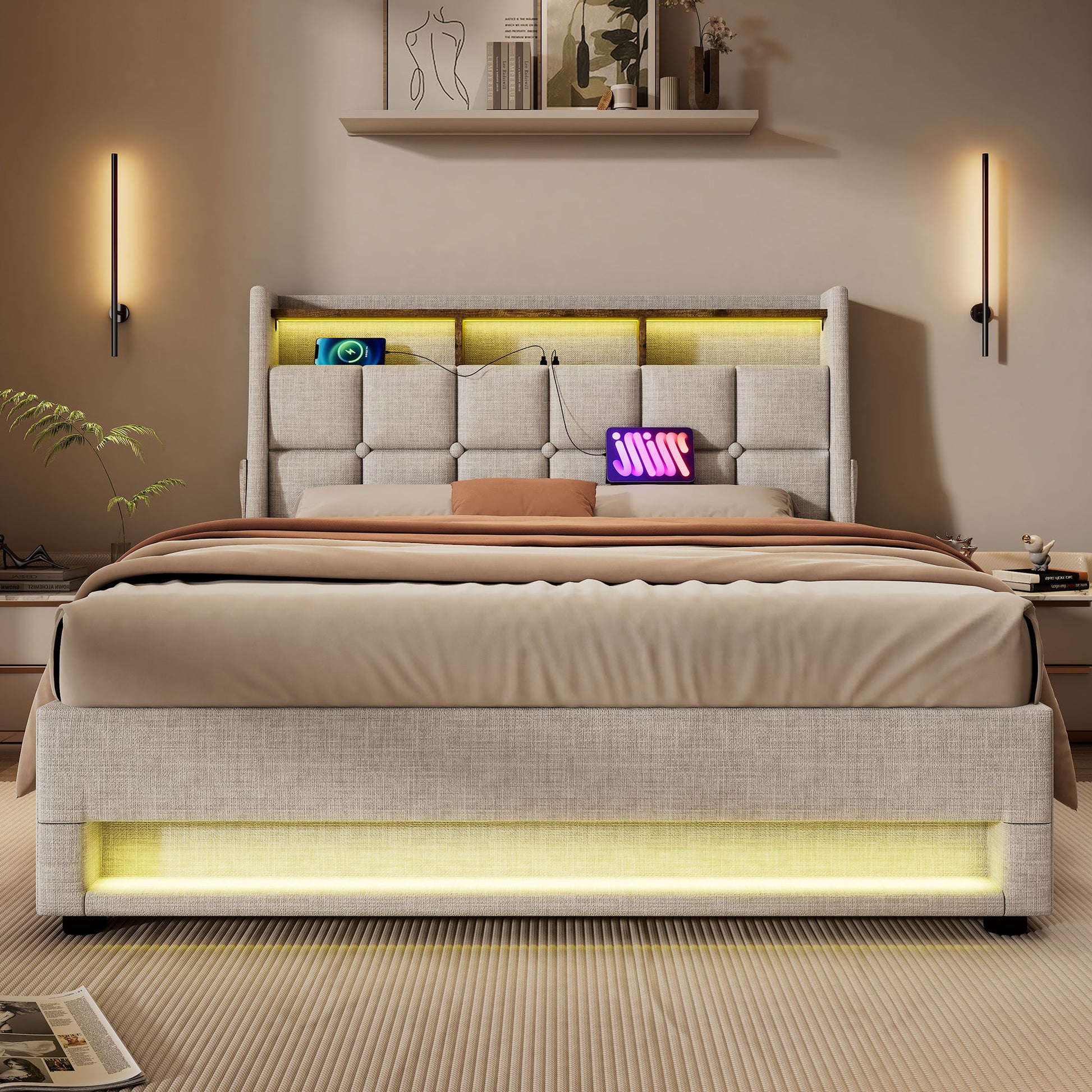 Upholstered Platform Bed With A Hydraulic Storage System, LED And USB Charging (Without Mattress) - The Sleep Loft - Online Mattress Showroom NYC