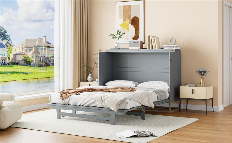 Murphy Bed With Frosted Glass Doors Design, Fake Drawers, Metal Legs - The Sleep Loft - Online Mattress Showroom NYC