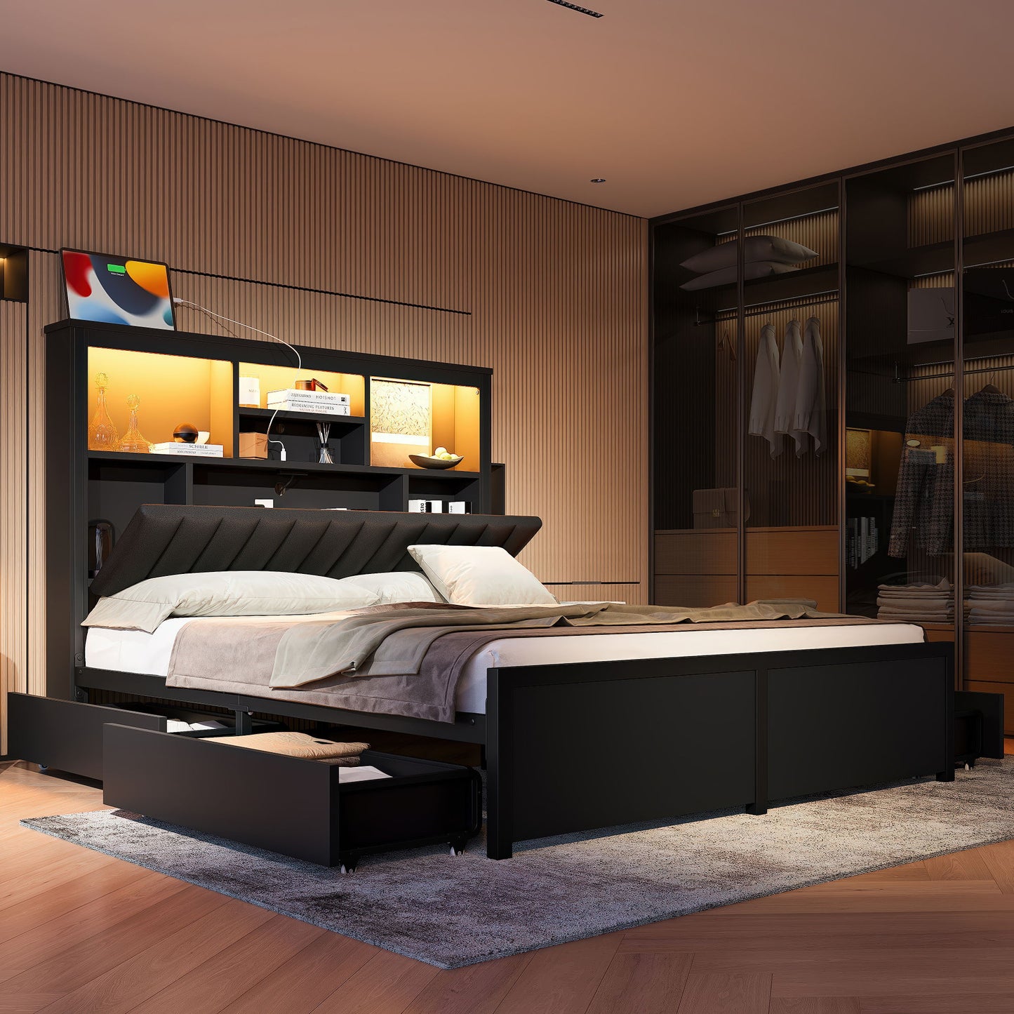 Bed Frame With High Storage Headboard, LED Light And Charging Station, 4 Storage Drawers - The Sleep Loft - Online Mattress Showroom NYC