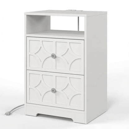 Nightstand With Diamond Carvings Handles, 2 Drawers & Charging Station