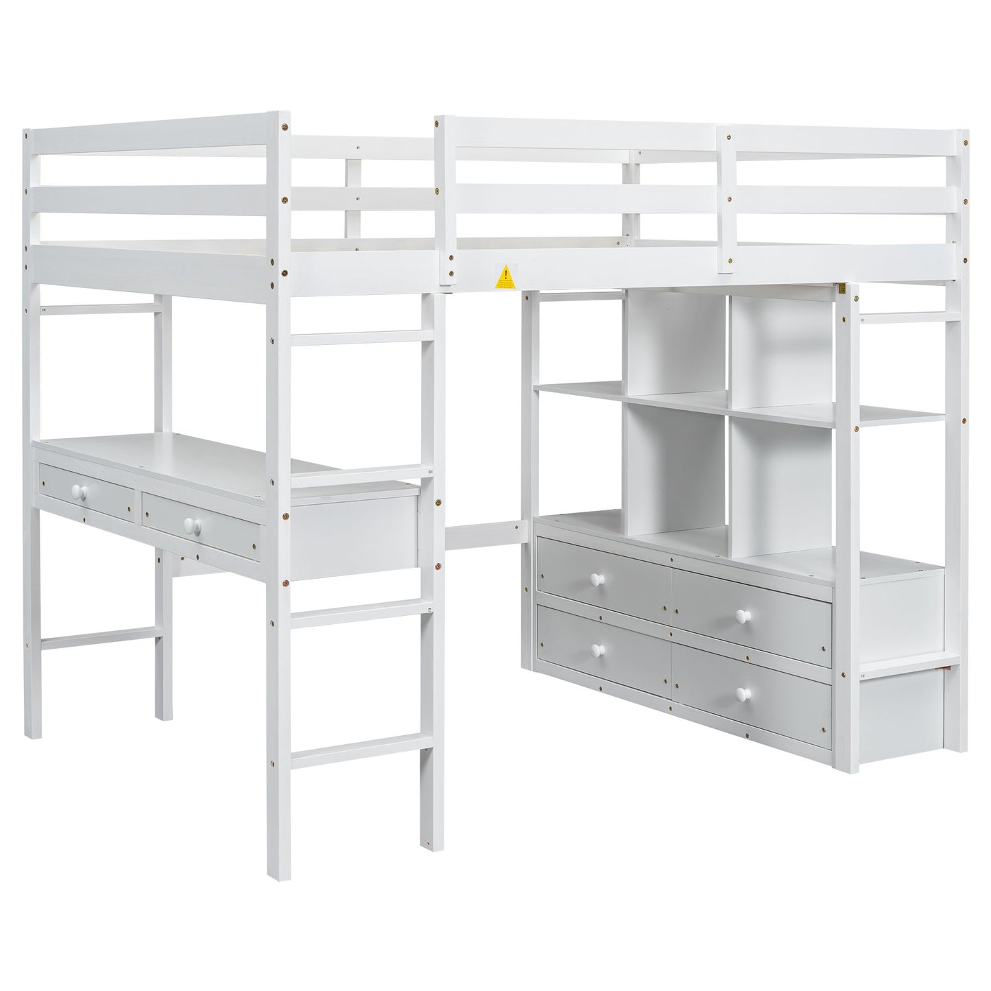 Full Size Loft Bed With Built In Desk, 2 Drawers, Storage Shelves - White - The Sleep Loft - Online Mattress Showroom NYC