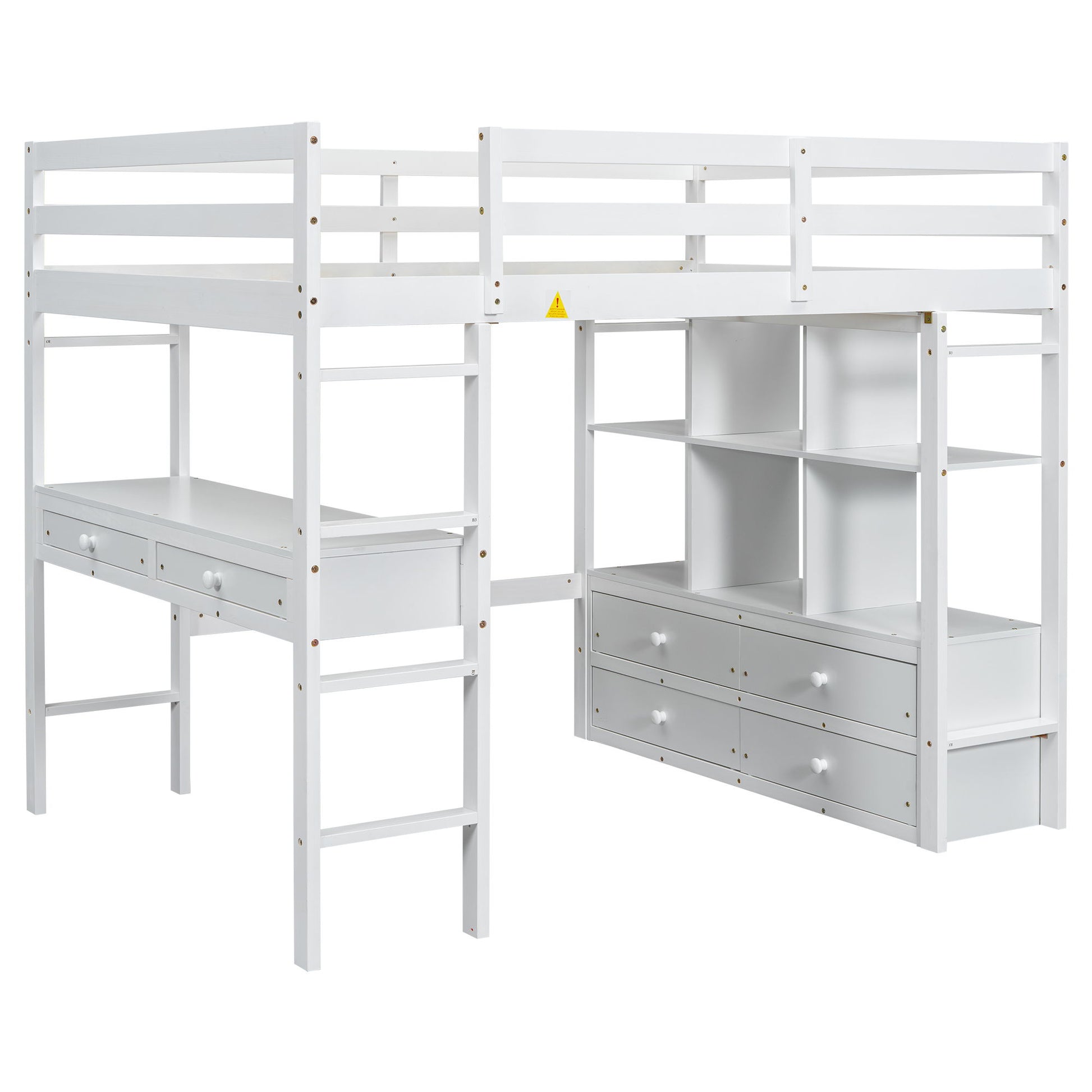 Full Size Loft Bed With Built In Desk, 2 Drawers, Storage Shelves - White - The Sleep Loft - Online Mattress Showroom NYC