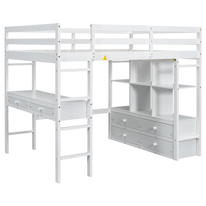 Full Size Loft Bed With Built In Desk, 2 Drawers, Storage Shelves - White - The Sleep Loft - Online Mattress Showroom NYC