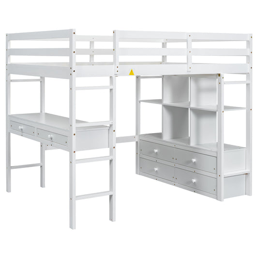 Full Size Loft Bed With Built In Desk, 2 Drawers, Storage Shelves - White - The Sleep Loft - Online Mattress Showroom NYC