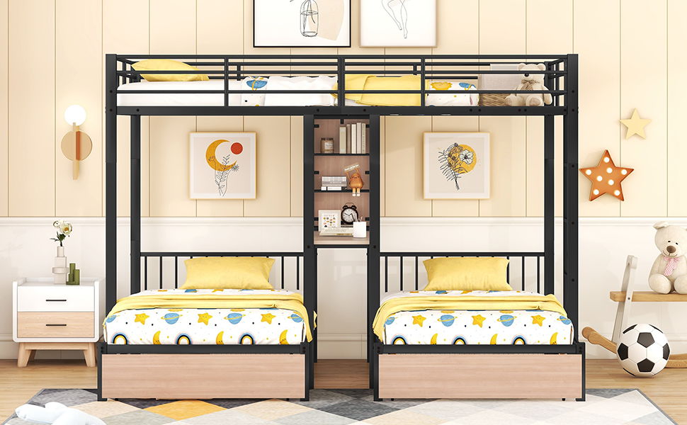 Triple Bunk Bed With Drawers, Multi-Functional Frame With Desks And Shelves In The Middle - The Sleep Loft - Online Mattress Showroom NYC