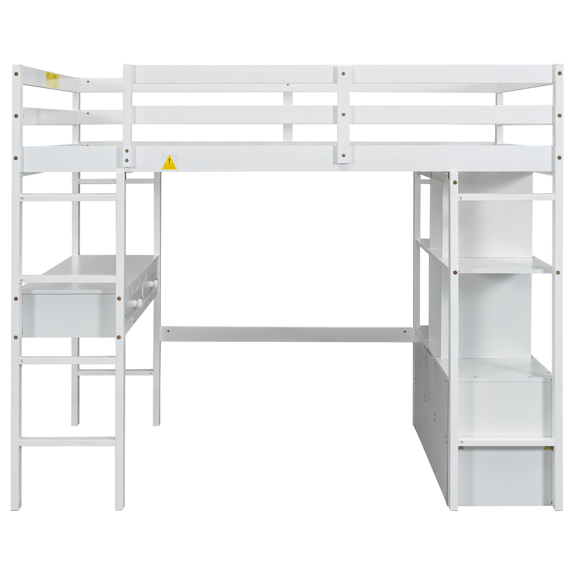 Full Size Loft Bed With Built In Desk, 2 Drawers, Storage Shelves - White - The Sleep Loft - Online Mattress Showroom NYC