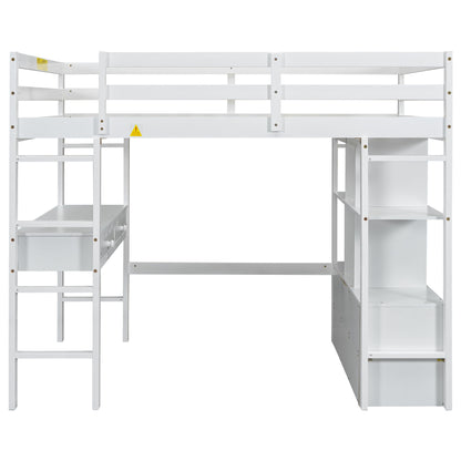Full Size Loft Bed With Built In Desk, 2 Drawers, Storage Shelves - White - The Sleep Loft - Online Mattress Showroom NYC