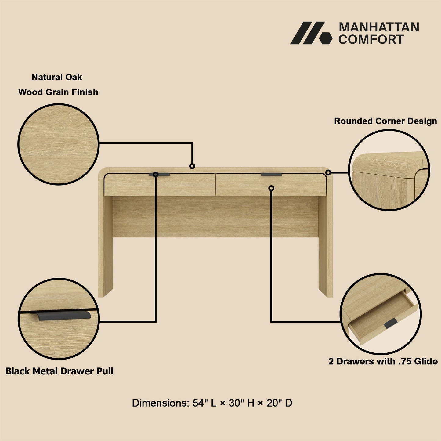 Grace - Office Desk & 2 Drawers - Oak - The Sleep Loft - Online Mattress Showroom NYC