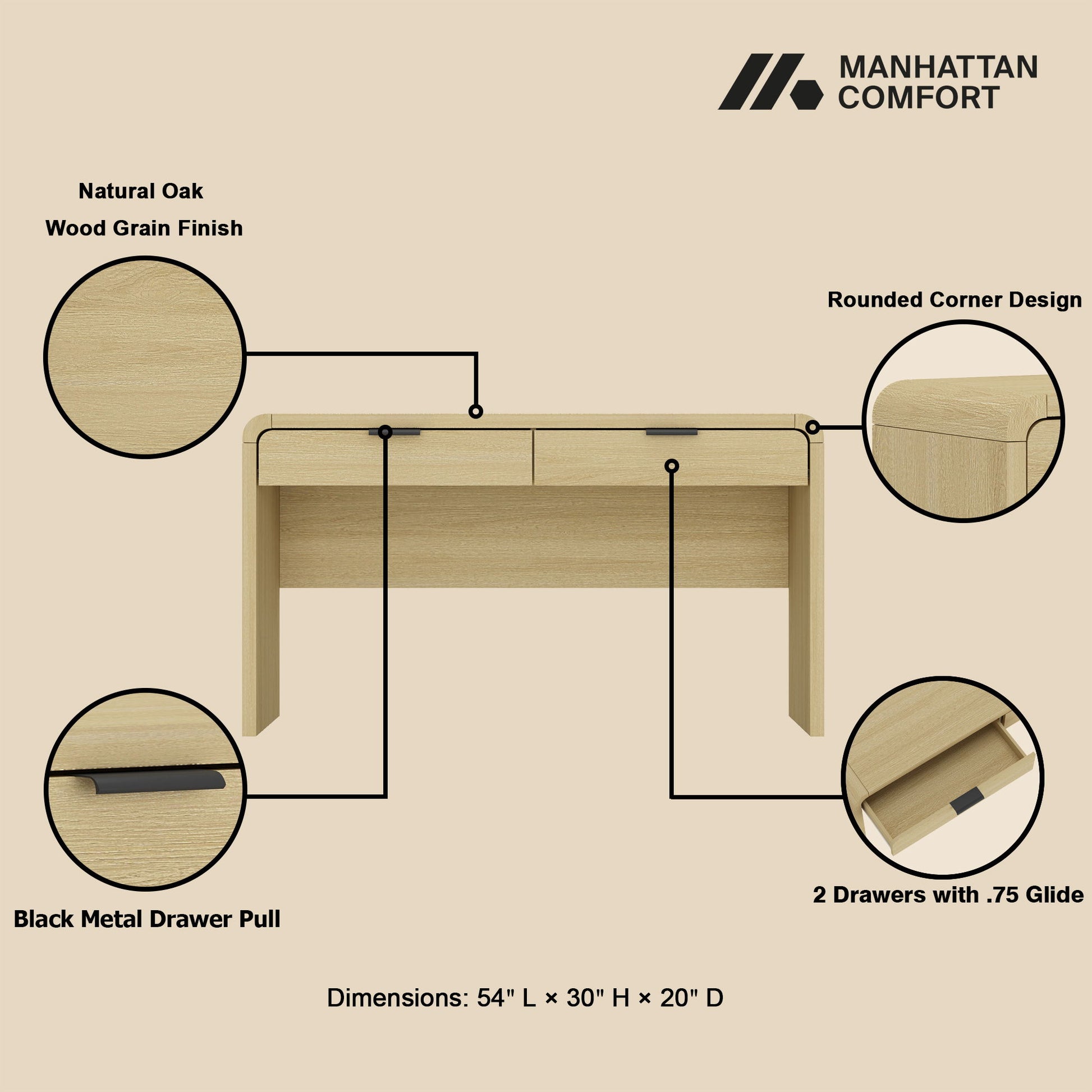 Grace - Office Desk & 2 Drawers - Oak - The Sleep Loft - Online Mattress Showroom NYC