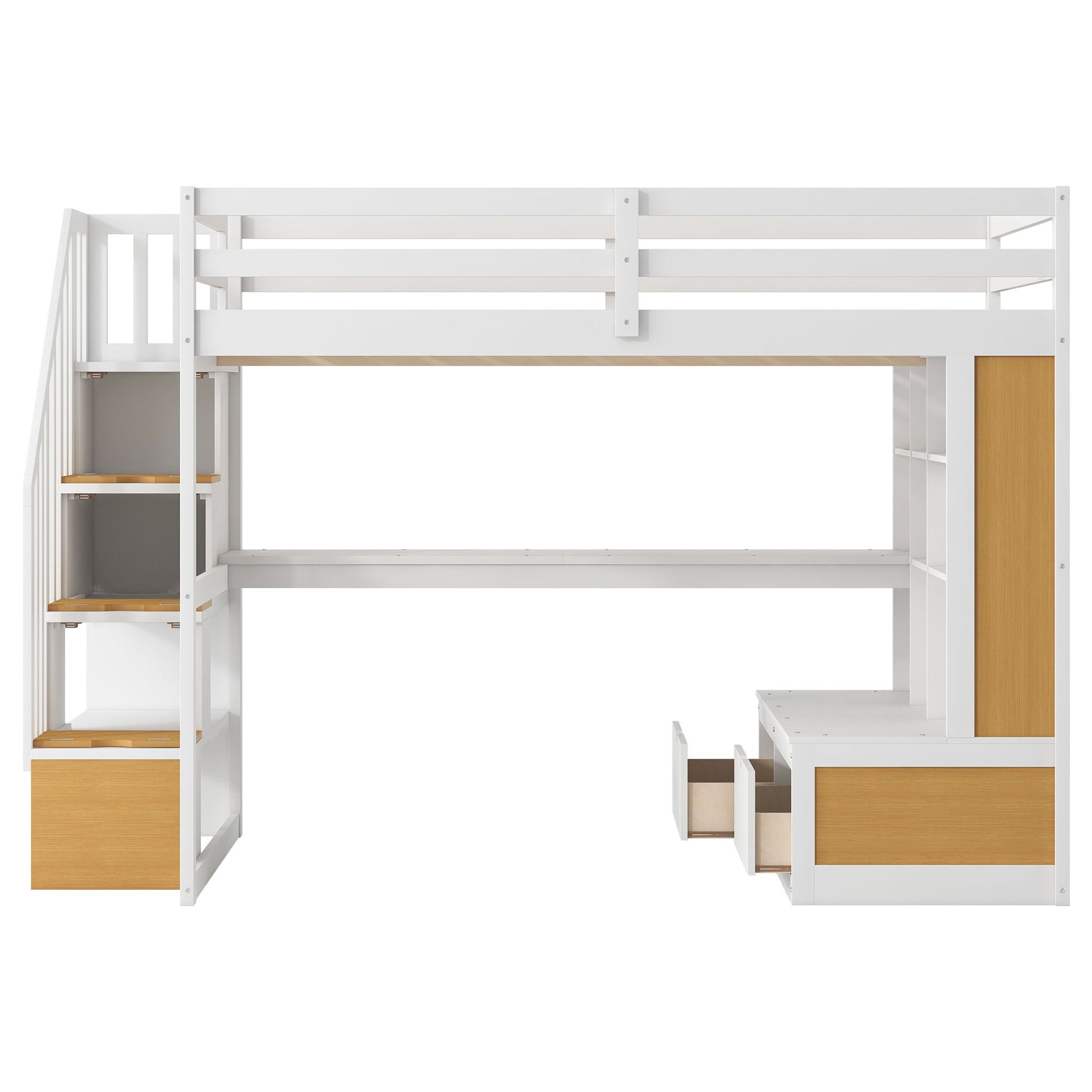 Full Size Loft Bed With Desk And Shelves, 2 Built In Drawers, Storage Staircase - Natural / White - The Sleep Loft - Online Mattress Showroom NYC