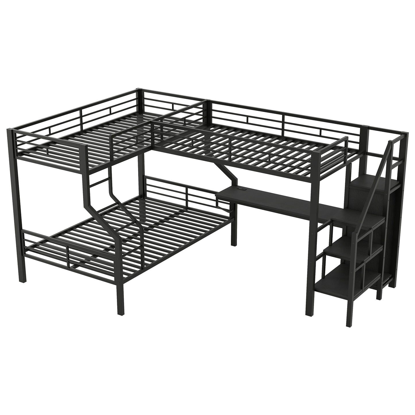 Twin Over Full L Shaped Bunk & Loft Bed With Built-In Wardrobe, Desk, And USB Ports - Black - The Sleep Loft - Online Mattress Showroom NYC