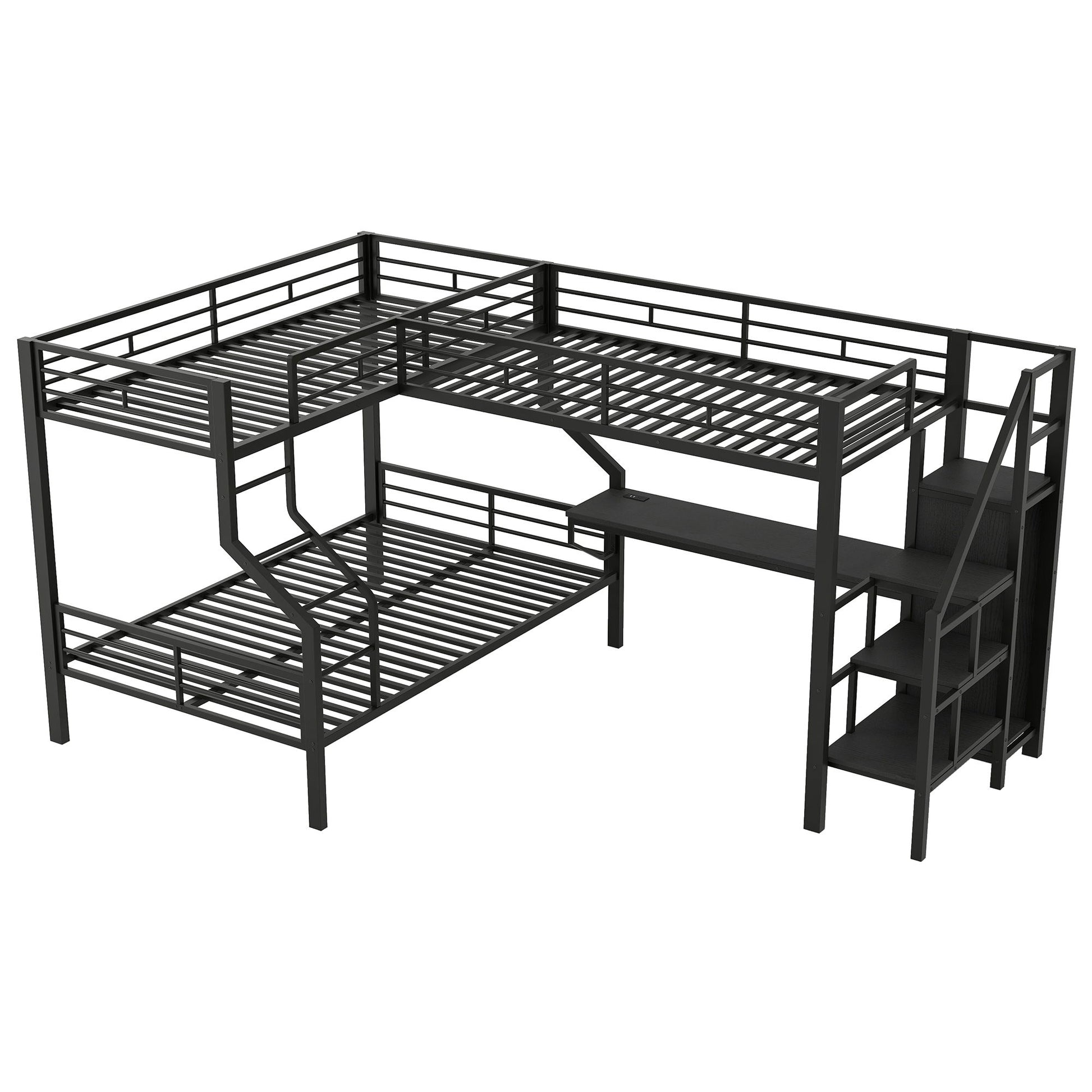 Twin Over Full L Shaped Bunk & Loft Bed With Built-In Wardrobe, Desk, And USB Ports - Black - The Sleep Loft - Online Mattress Showroom NYC