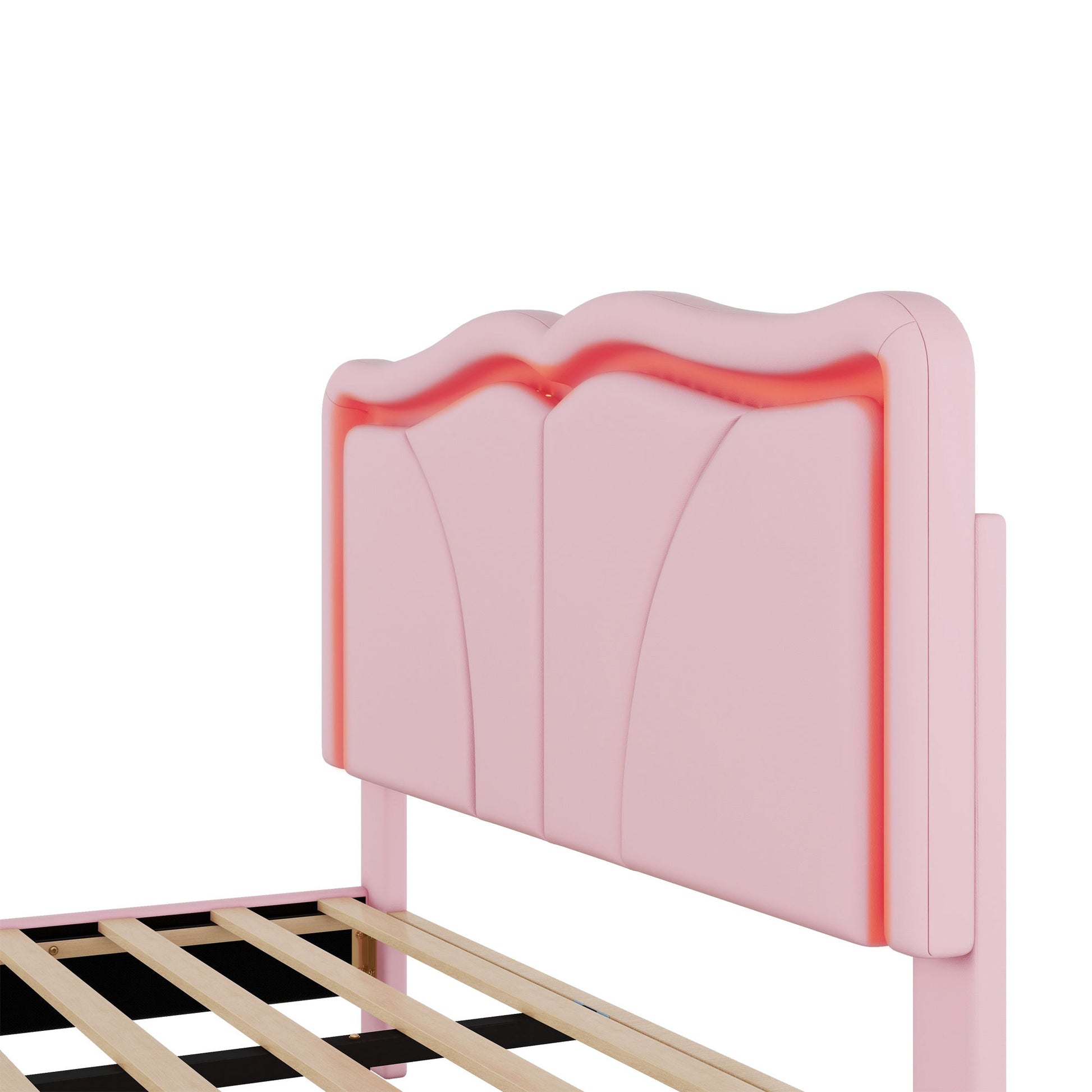 Upholstered Platform Bed & Curve Shaped And Height Adjustable Headboard, LED Light Strips - The Sleep Loft - Online Mattress Showroom NYC