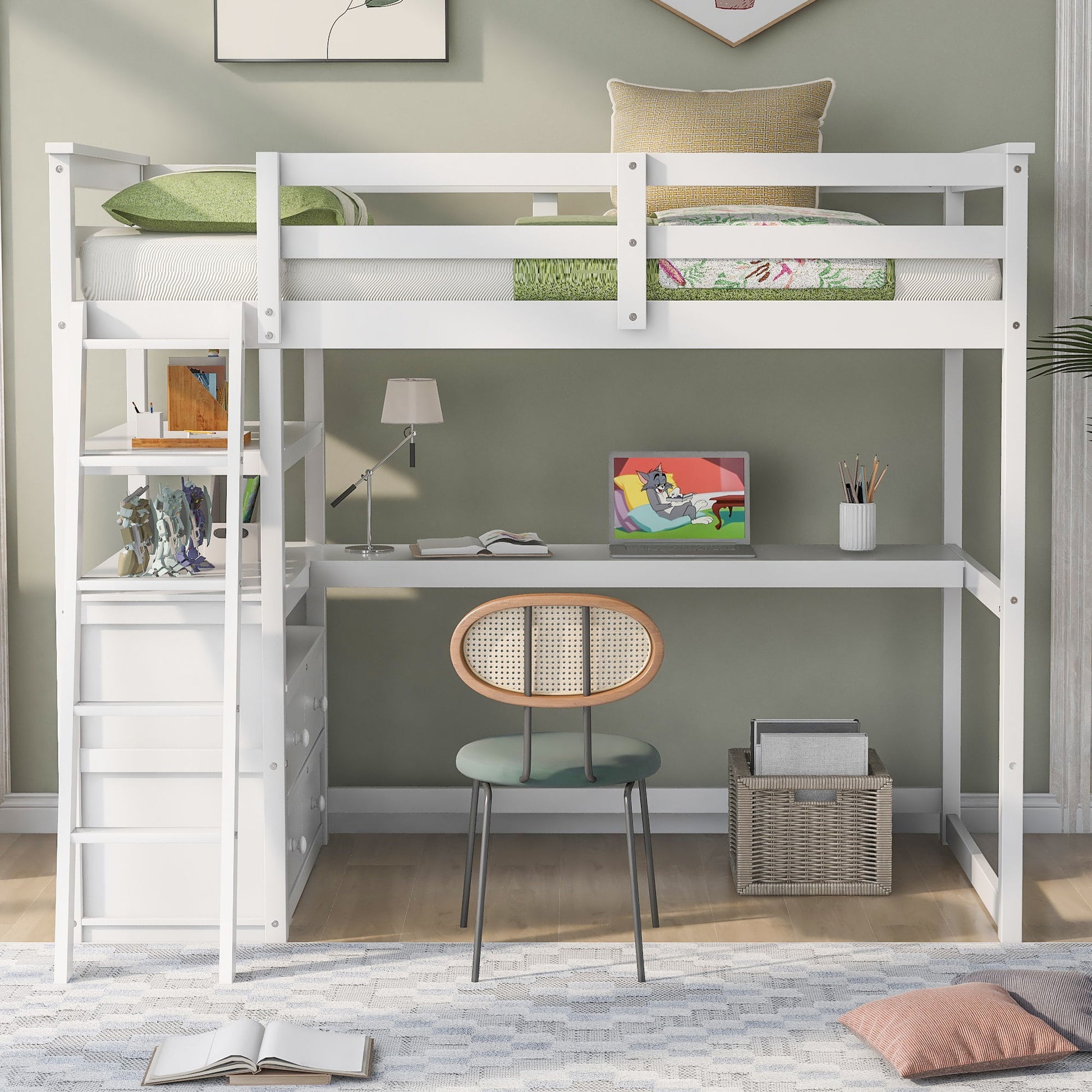 Modern Loft Bed With Built In Desk, Shelves, And 2 Drawers - The Sleep Loft - Online Mattress Showroom NYC