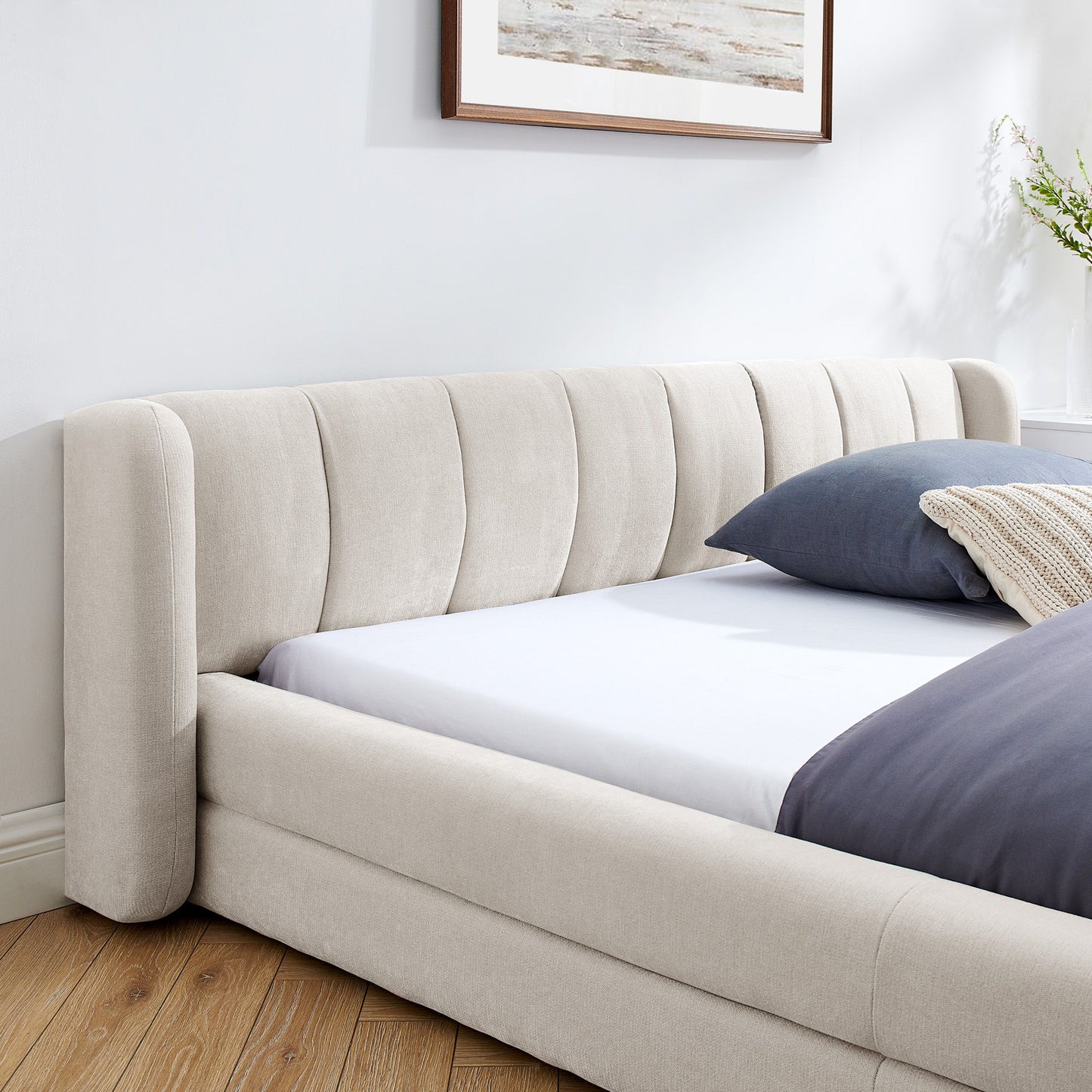 Modern Upholstered Bed Frame With Thick Fabric And Headboard - The Sleep Loft - Online Mattress Showroom NYC