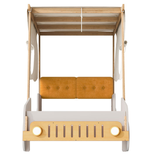 Twin Size Car Bed With Pillow, Ceiling Cloth And LED - Natural - The Sleep Loft - Online Mattress Showroom NYC