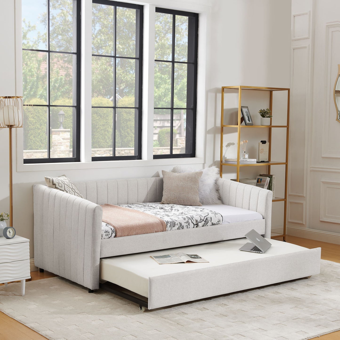 Upholstered Daybed With Trundle With Vertical Stripes - The Sleep Loft - Online Mattress Showroom NYC