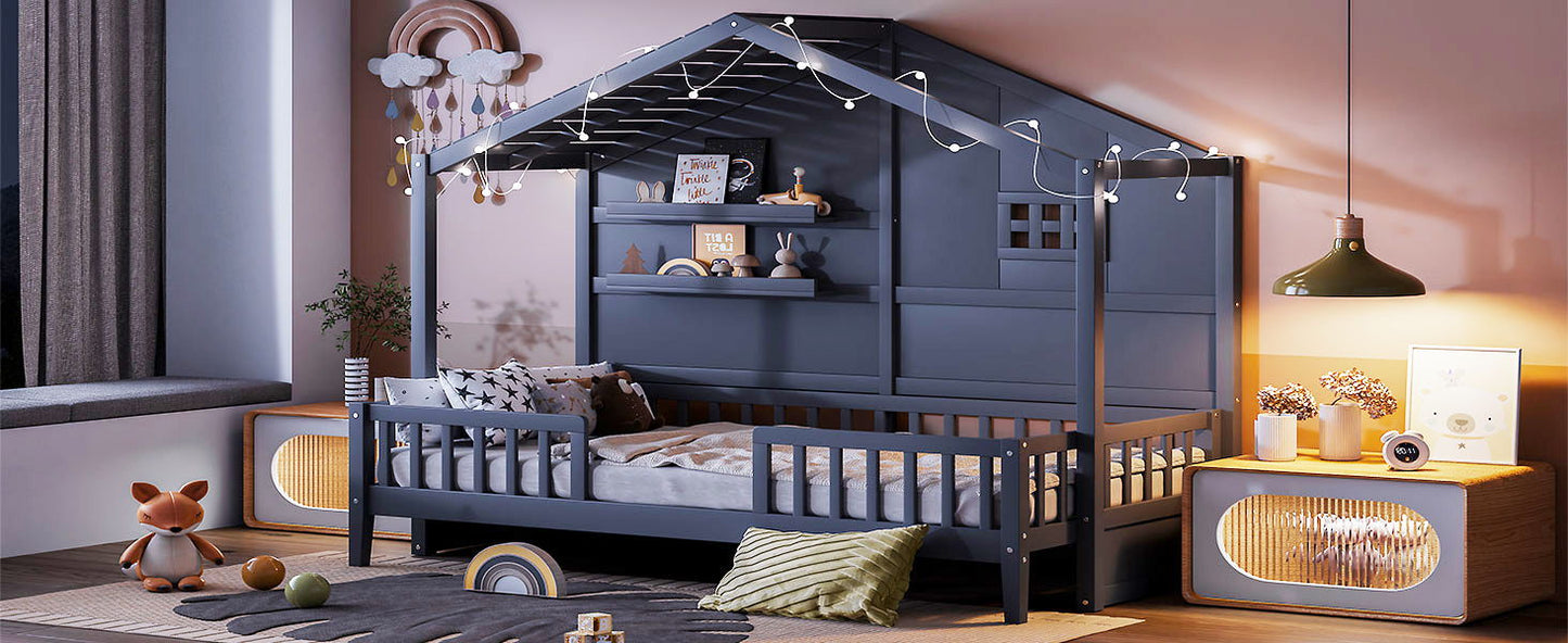 House Bed With Shelves, Window And Sparkling Light Strip On The Roof - The Sleep Loft - Online Mattress Showroom NYC