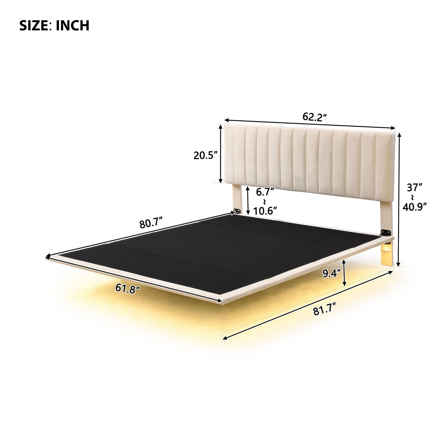Upholstered Bed With Sensor Light And Headboard, Floating Velvet Platform Bed - The Sleep Loft - Online Mattress Showroom NYC