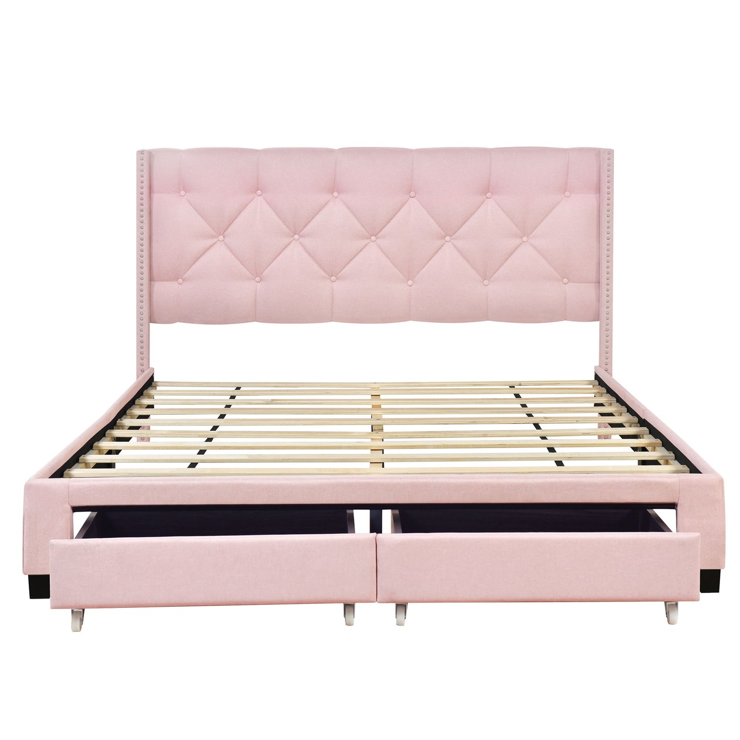 Queen Size Storage Bed Linen Upholstered Platform Bed & Two Drawers - Pink - The Sleep Loft - Online Mattress Showroom NYC