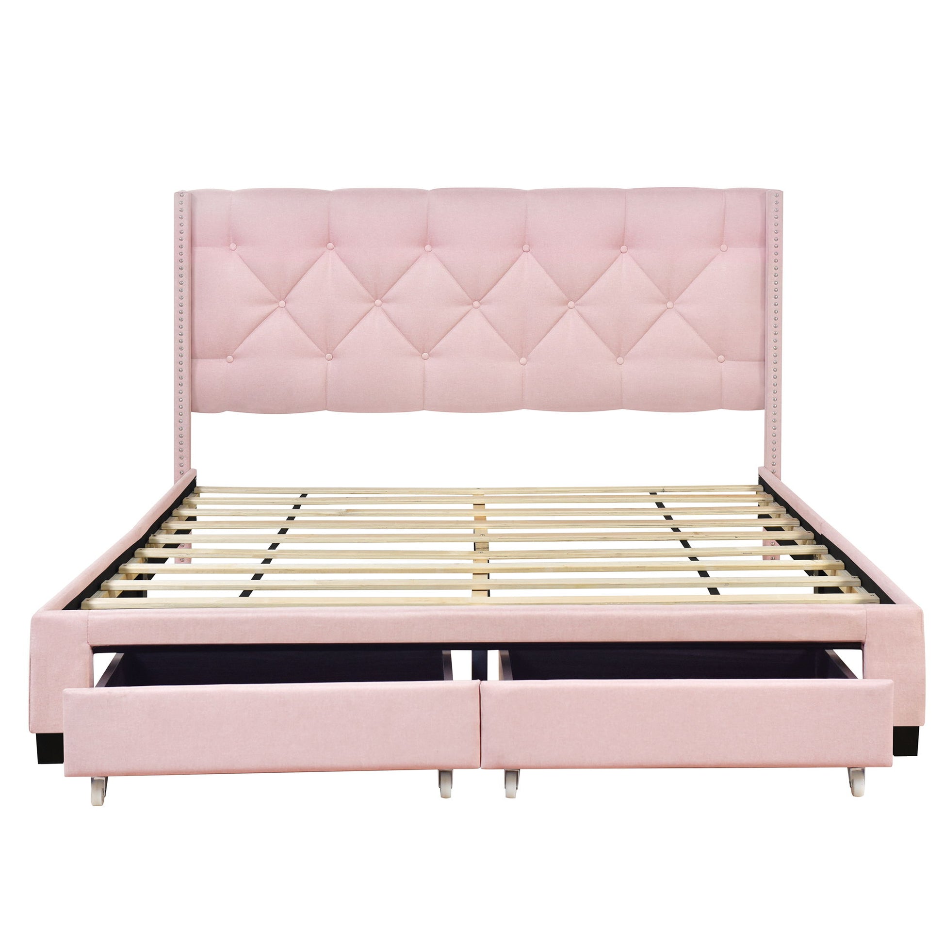 Queen Size Storage Bed Linen Upholstered Platform Bed & Two Drawers - Pink - The Sleep Loft - Online Mattress Showroom NYC