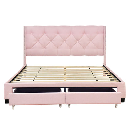 Queen Size Storage Bed Linen Upholstered Platform Bed & Two Drawers - Pink - The Sleep Loft - Online Mattress Showroom NYC