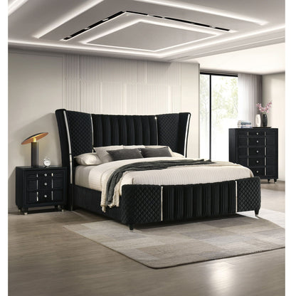 1 Piece Nightstand Upholstery Textured Look Luxurious Feel Drawer Fronts Crystal Style Knobs - Black